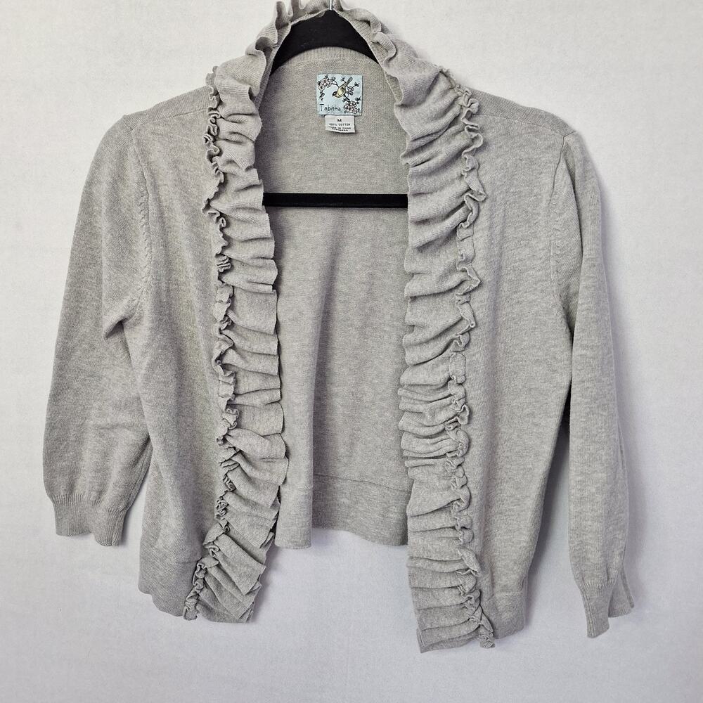 Tabitha Anthropologie Cardigan Sz M Grey Cascading Ruffle 3/4 Sleeve Open Front